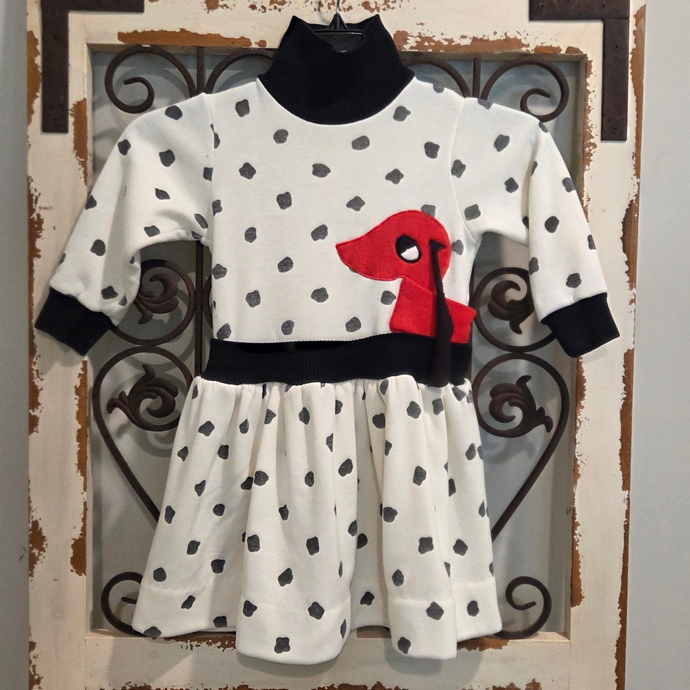 Vintage Fayette Girls Dalmatian Polka Dot Dress Red Dog Applique 4T White Black